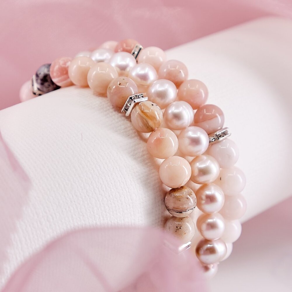 Pink Opal & Pearl Bracelet Set, Dainty Gemstone Stretch Bracelets, Jewelry Gift